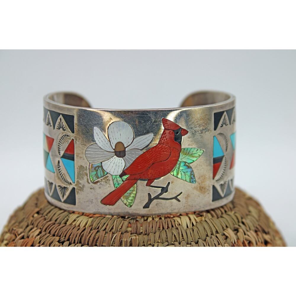 A.D. Banteah Sterling Silver Carved Cardinal Inlay Cuff Bracelet